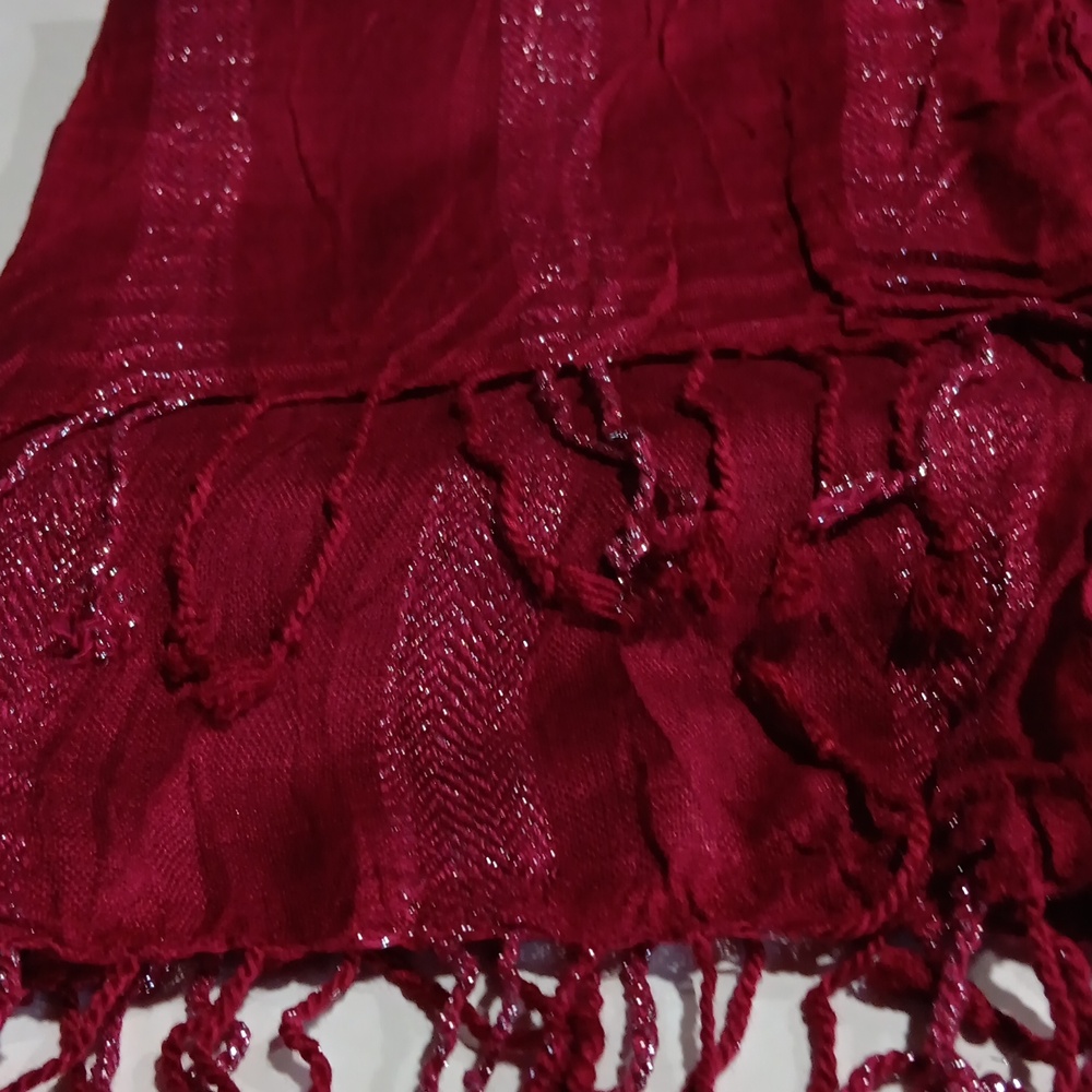 Dark Red and Silver fringed Scarf